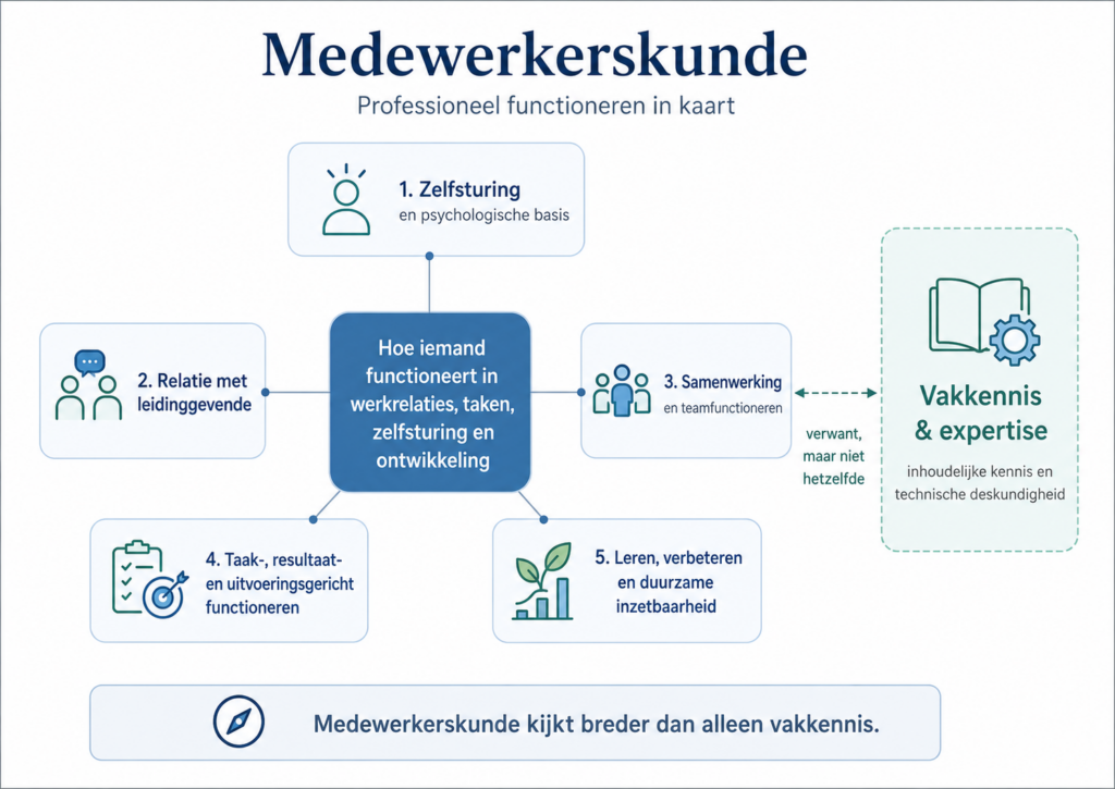Medewerkerskunde met vijf competentieclusters rond professioneel functioneren en een apart blok voor vakkennis en expertise.