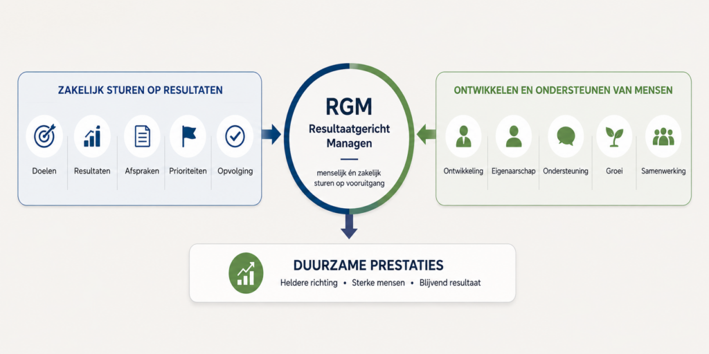 Resultaatgericht Managen combineert duidelijke resultaatsturing met ontwikkeling en ondersteuning van mensen.